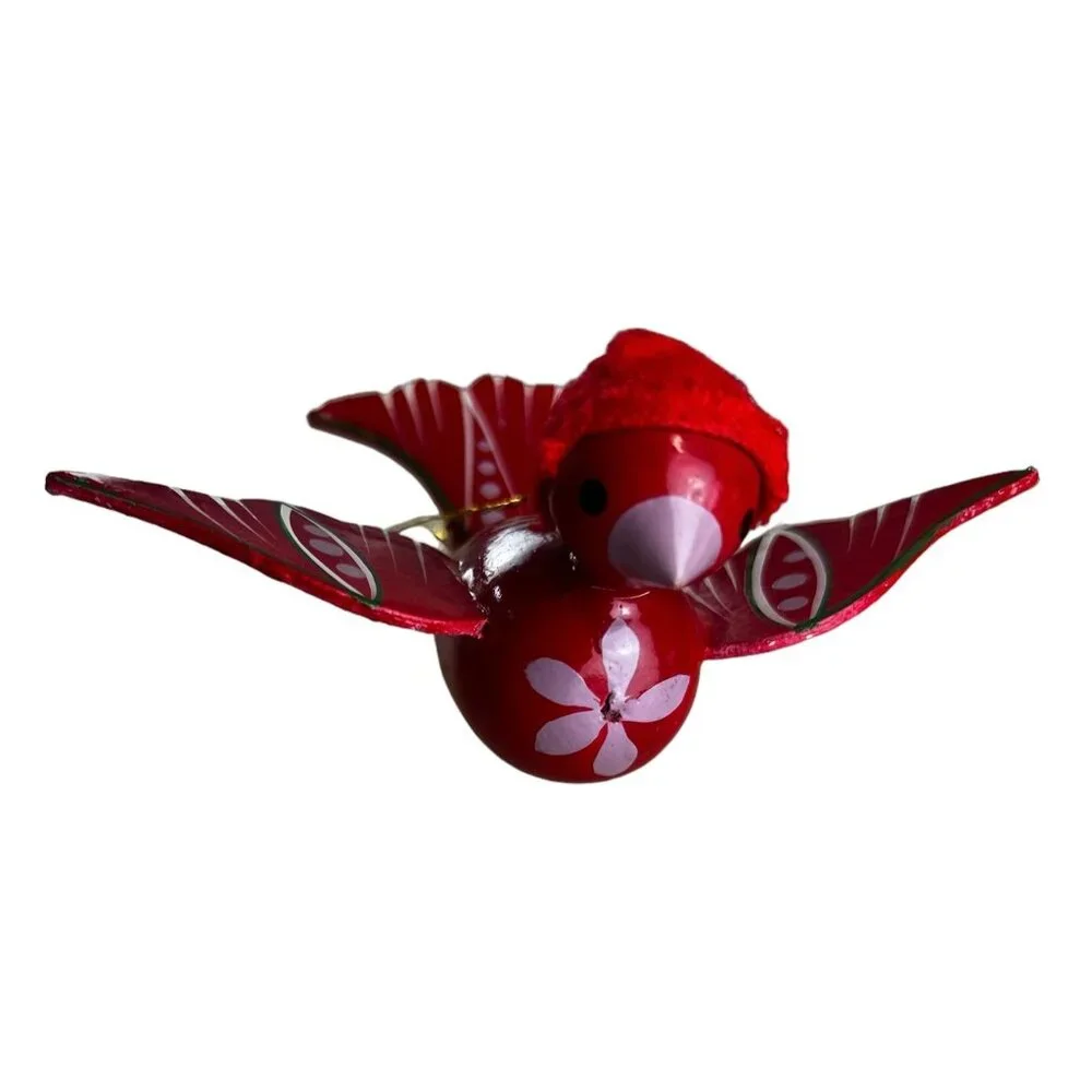 Handmade Wooden Christmas Bird Ornament Cardinal Red & White Hand Painted Vtg